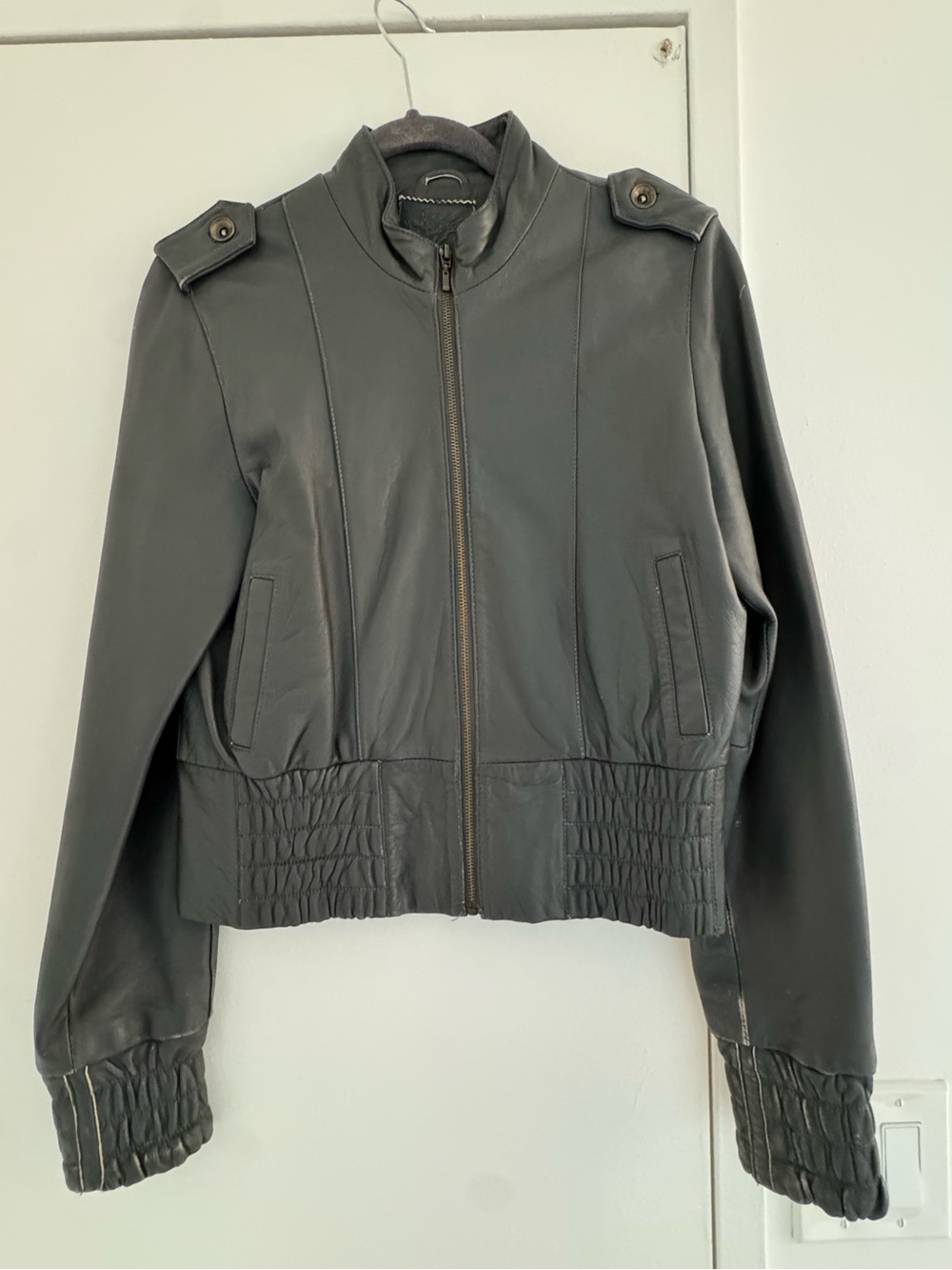 Gray Women's Leather Zip Jacket